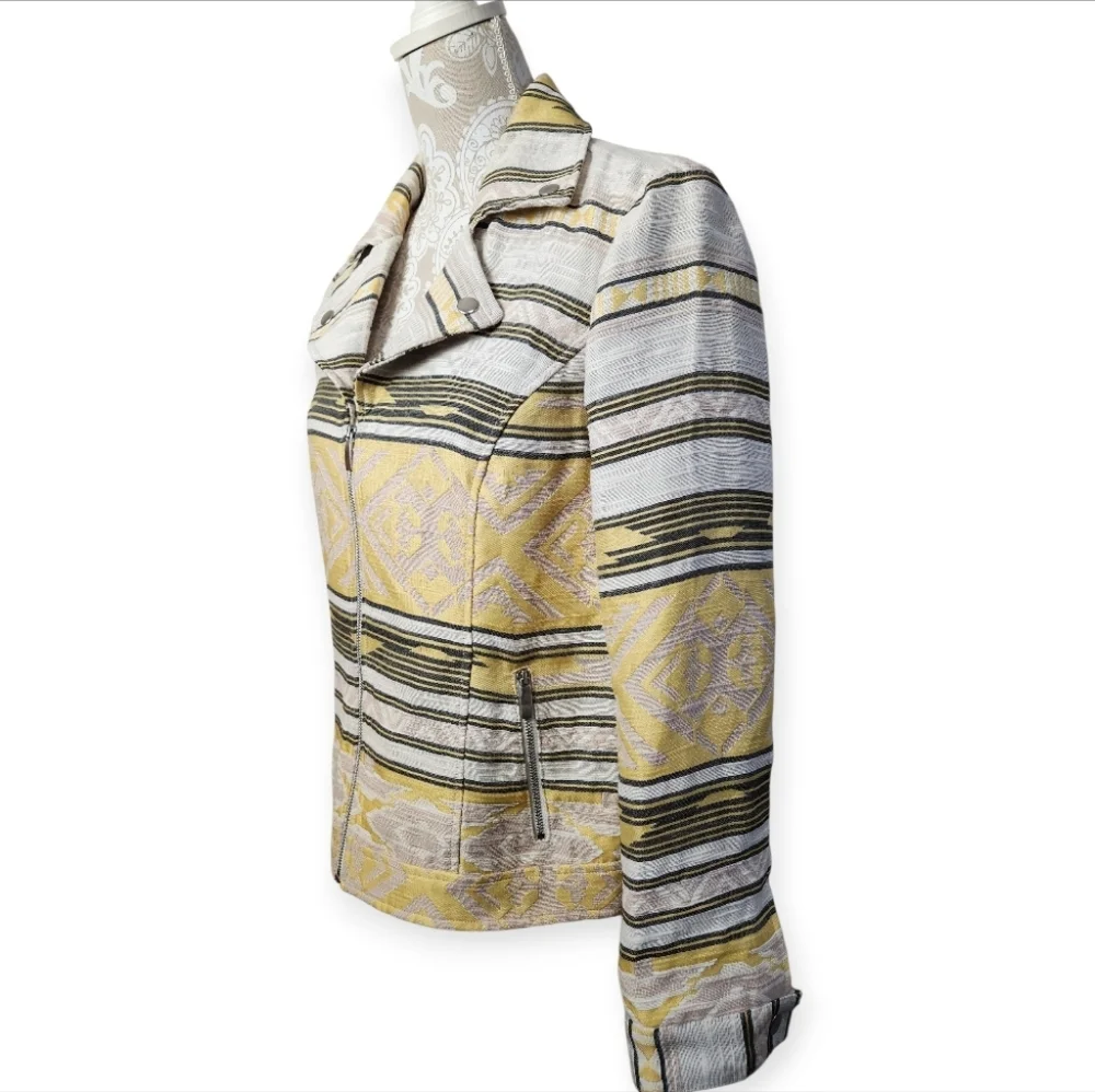 CHICO'S Aztec Southwest Jacquard Moto Western Yellow Black Striped Jacket Sz. M